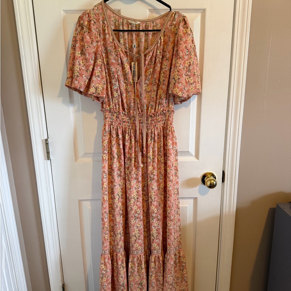 Max Studio Peach Floral Smocked-Waist Maxi Dress